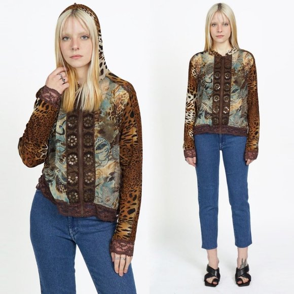 Y2K Cheetah Leopard Zip Up Hooded Sheer Top - Picture 1 of 3